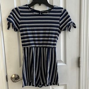 Girls romper - blue and white stripe with tie sleeves